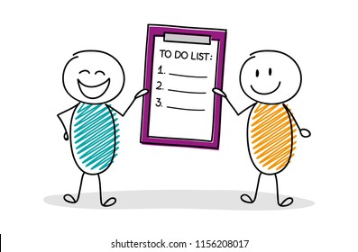 Group of stickmen showing clipboard with empty to do list. Vector.