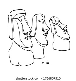 group of stone statues from Easter island, moai monuments, exotic touristic landmark, vector illustration with black ink contour lines isolated on white background in doodle & hand drawn style