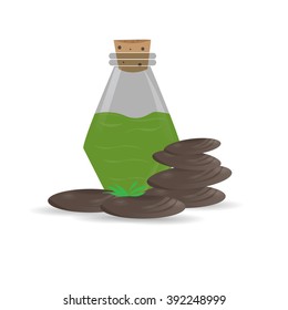 Group of stones and a green lotion on a white background