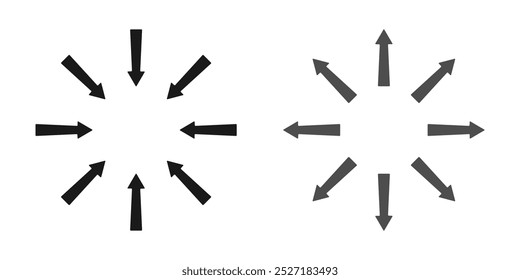 Group of straight arrows arranged in circle, directed inward to center and outward. Vector illustration of simple icons for building tables, diagrams, visualization of schematic material and data.