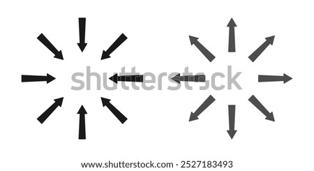 Group of straight arrows arranged in circle, directed inward to center and outward. Vector illustration of simple icons for building tables, diagrams, visualization of schematic material and data.