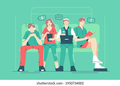 Group of strange people in underground vector illustration. People characters with laptop and smartphone in train subway flat style. Public transport concept. Isolated on green background