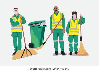 un grupo de limpiadores de calles vistiendo uniformes posando mientras sostienen escobas y herramientas con un cubo de basura a su lado