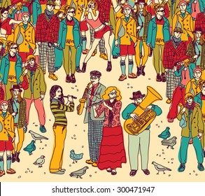 Group street musicians band and audience color. City entertainment. Color vector illustration. EPS8.