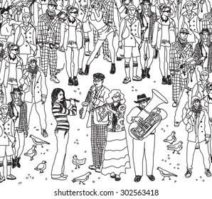 Group street musicians band with audience black. The funny urban entertainment. Monochrome vector illustration. Eps 8.