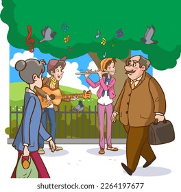 Group of street musicians, cartoon characters playing music, flat vector illustration.city streets performance or show, modern urban lifestyle scene.