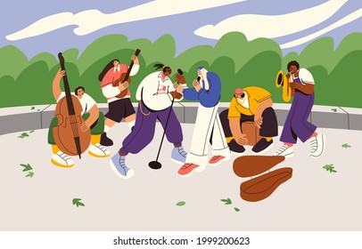 Group of street musicians playing music instruments and singing outdoor. Entertainment band of singers and instrumentalists in city park. Flat vector illustration of young people with microphone.