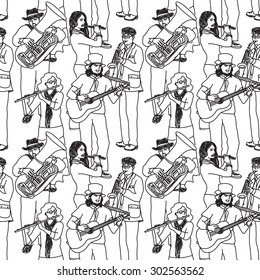 Group street musicians seamless monochrome pattern. Wallpaper with crowd musicians. Black and white vector illustration. EPS 8.