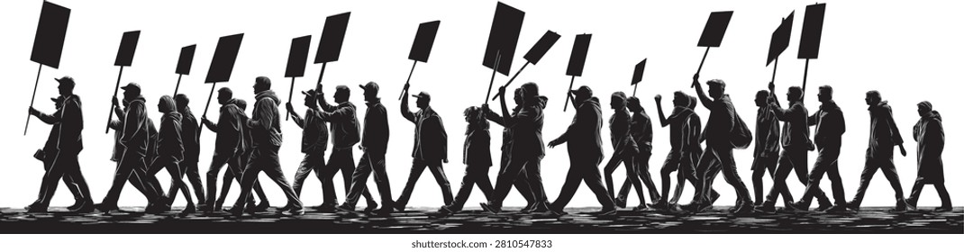 A group of striking workers, teachers, demonstrators, protesters, labor unions marching and holding signs exercising their constitutional right to assemble.