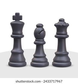 Group of strong chess pieces closeup. 3D black king, queen, bishop