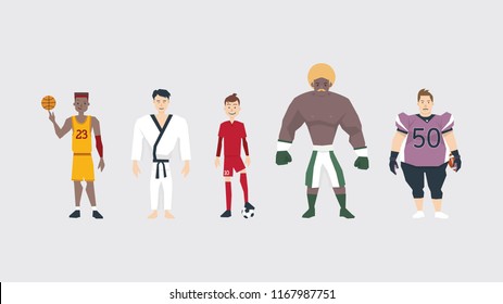 a group of strong male athlete master in basketball, karate, soccer/football, boxing and American football.