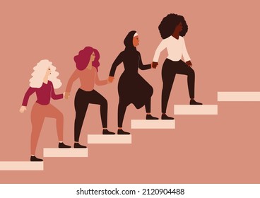 Group of strong women climbing highly on the stairs, hold hands and help each other. Females community with different ethnicity represent friendship, sisterhood. Women empowerment and equality concept