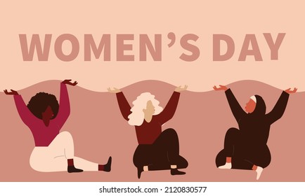 Group of strong women from different ethnicity. Brave females wish and festive international women's day. Young girls represent sisterhood and solidarity. Gender equality, woman empowerment concept.