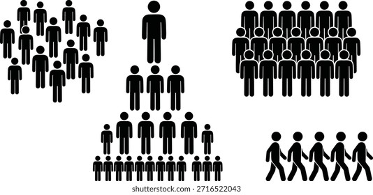 Conjunto de iconos de estructura de grupo, jerarquía organizativa y símbolos de trabajo en equipo, gráficos de dinámica social, diseño de Vector mínimo, Elementos de disposición de personas