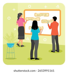 Group of student actively solving mathematical equations together on interactive whiteboard. Showcasing teamwork and learning within an educational environment. Smart classroom technology concept.