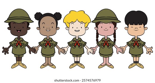 A Group of Student cartoon characters wearing boy scout uniform and holding hands. Best for sticker, logo, and mascot with educational themes for kids