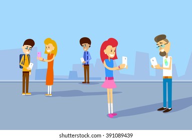 Group Of Student Holding Cell Smartphone Social Network Communication Concept Vector Illustration