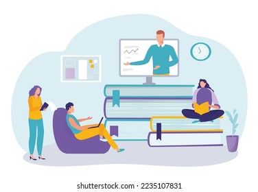 Group of student online obtain knowledge, tiny character distance learning sitting on book stack flat vector illustration, isolated on white.