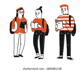 A group of student are standing and chatting while holding their books.