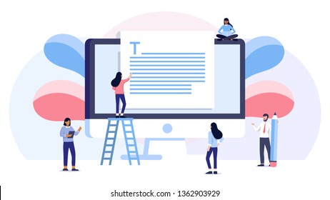 group of student study online education about storytelling, copywriting, seo, vector illustration concept, can be use for, landing page, template, ui, web, mobile app, poster, banner, flyer