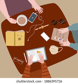group student study reading book together on table top view with flat cartoon style vector design illustration