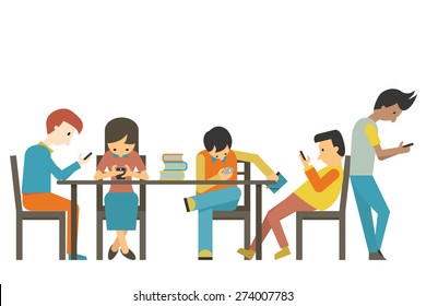 Group of student at teen age, using smartphone in concept of smart phone addiction. Flat design. 