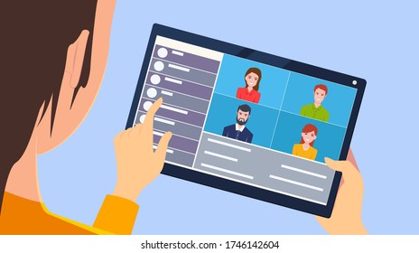 Group of student video calling by tablet working online at home during corona virus pandemic quarantine in flat icon design