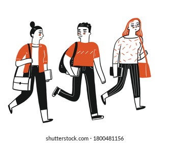 A group of student are walking together and chatting while holding their books.