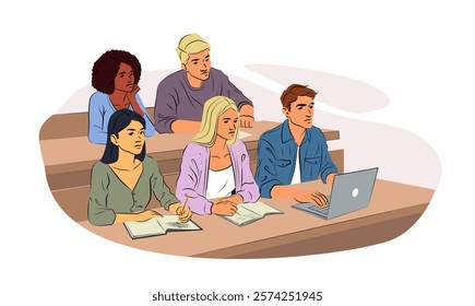 Group of students attentively taking notes and using a laptop in a lecture hall with wooden desks, on a white background. Concept of education and learning. Vector illustration