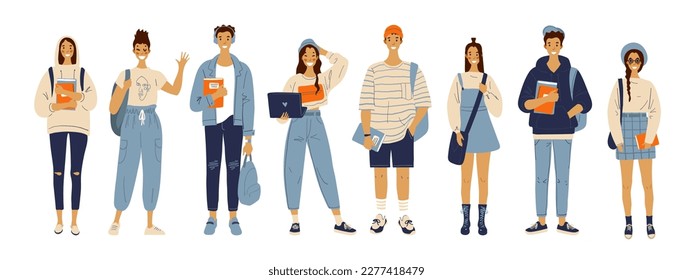 A group of students with backpacks, bags, textbooks and gadgets, high school boys and girls. Back to school, education and knowledge concept. Flat vector characters isolated on white background.