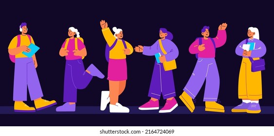 Group Of Students With Backpacks And Books On Black Background. Vector Flat Illustration Of Happy Young People Studying Together In School Or College Greet Each Other And Talk