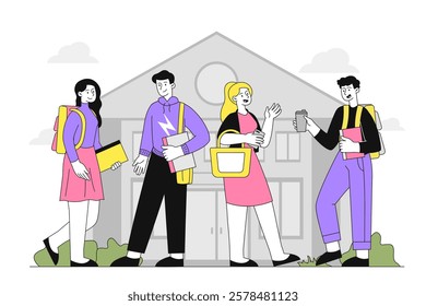 Group of students with books and backpacks talking and smiling outdoors, in front of a school building, flat graphic style. Concept of education and friendship. Vector illustration.