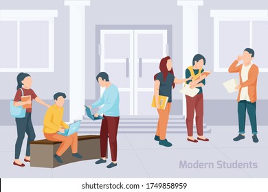 Group of students with books and electronics devices standing in front of university building flat vector illustration
