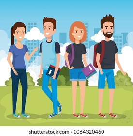 group of students with books in the park