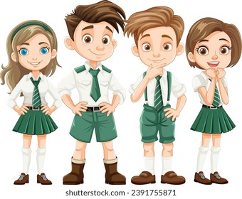 A group of students, both boys and girls, wearing uniforms in a cartoon illustration