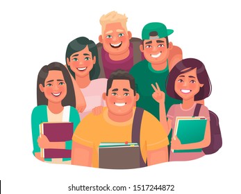 Group of students. Boys and girls dressed in casual clothes. Portrait of happy teenagers studying at college. Vector illustration in cartoon style