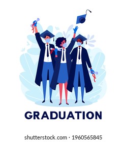 Group Of Students Celebrating A Graduation, Diploma During The Coronavirus Pandemic. People Wear A Protective Mask, Gloves. Students Graduated. A Vector Cartoon Illustration.