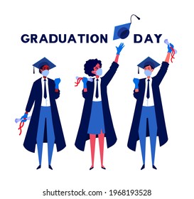 Group of students celebrating a graduation, diploma during the coronavirus pandemic. People wear a protective mask, gloves. Students graduated. A vector cartoon illustration.
