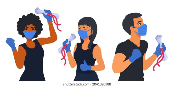 Group of students celebrating a graduation, diploma during the coronavirus pandemic. People wear a protective mask, gloves. Students graduated. A vector cartoon illustration.