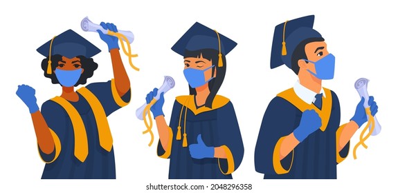 Group Of Students Celebrating A Graduation, Diploma During The Coronavirus Pandemic. People Wear A Protective Mask, Gloves. Students Graduated. A Vector Cartoon Illustration.