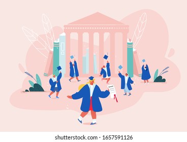 Group of Students Characters in Graduation Gowns and Caps Rejoice, Jumping and Cheering Up Happy to Get Diploma Certificate and Finish University or College Education Cartoon Flat Vector Illustration