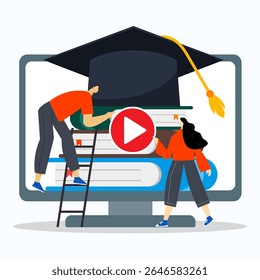 Group of students clicking play button to playing e-book on computer screen with big icon of graduation cap. Online education concept.