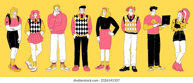 A group of students. Composition of people on the theme of education and university life. Teaching a profession in demand. New generation of young people. Vector illustration.