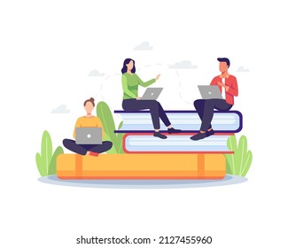 Group of students concept illustration. College or university students sitting on pile of books and using laptop. Vector illustration in a flat style