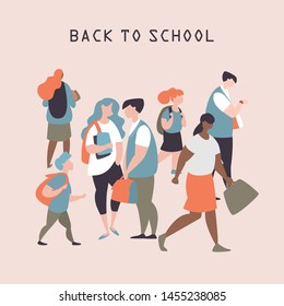 A group of students of different ages and multi-ethnic groups goes to school. Vector illustration with school education concept for posters, brochures, postcards