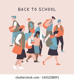 A group of students of different ages and multi-ethnic groups goes to school. Vector illustration with school education concept for posters, brochures, postcards