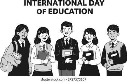 Um grupo de estudantes de diferentes origens comemorando o Dia Internacional da Educação com livros e sorrisos