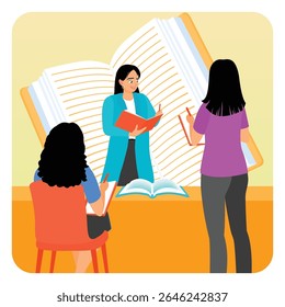 A group of students discussing their creative projects around a table. With a large book as a background. Students project concept.