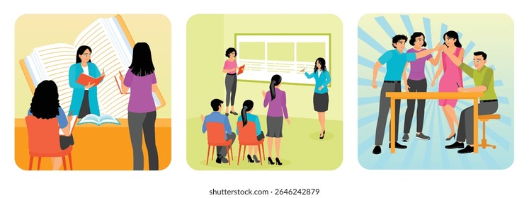 A group of students discussing their creative projects around a table. Collaborating during a presentation in a classroom. Share a celebratory high five around a table. Students project concept.