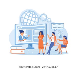 Un grupo de estudiantes haciendo aprendizaje en línea. Video Un conferenciante da una explicación mediante Seminario de Negocios Concepto de Webinar. Ilustración vectorial plana.